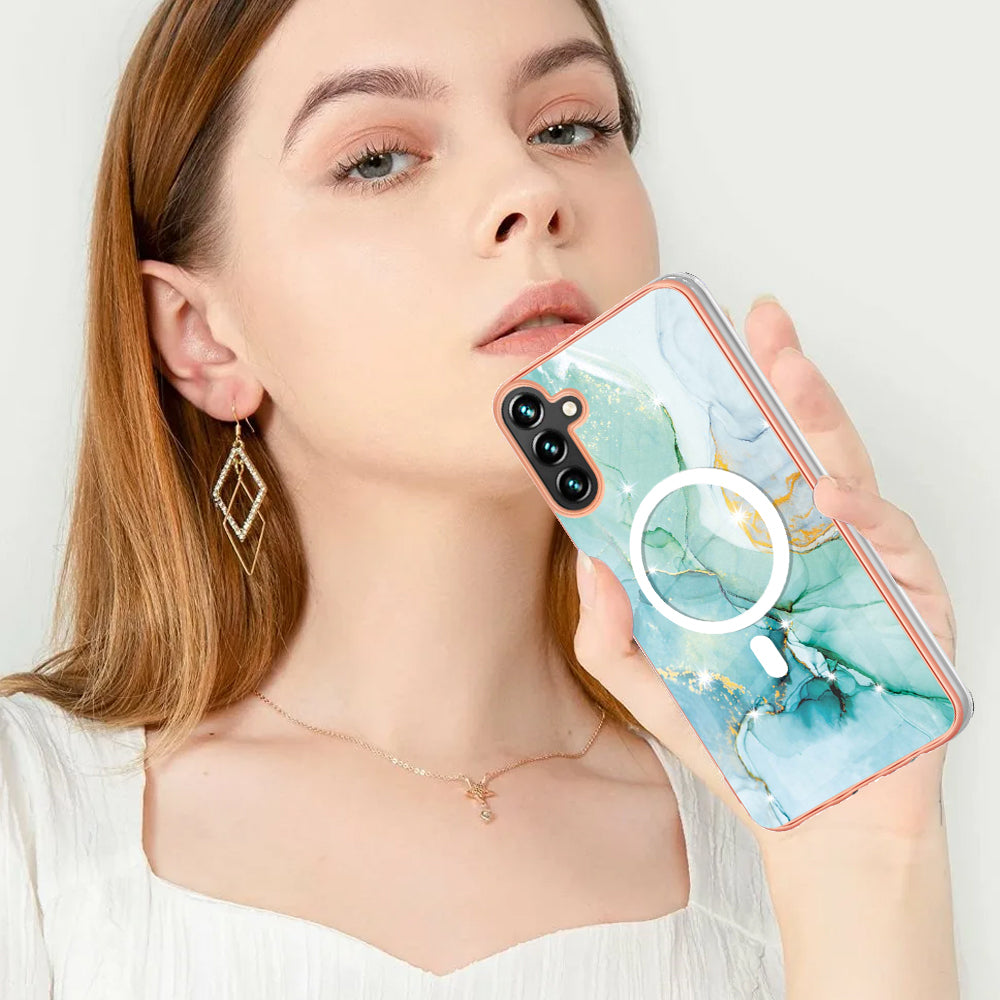 YB IMD Series-19 for Samsung Galaxy A34 5G 2.0mm TPU Electroplating Cover Magnetic IMD Pattern Phone Case - Green