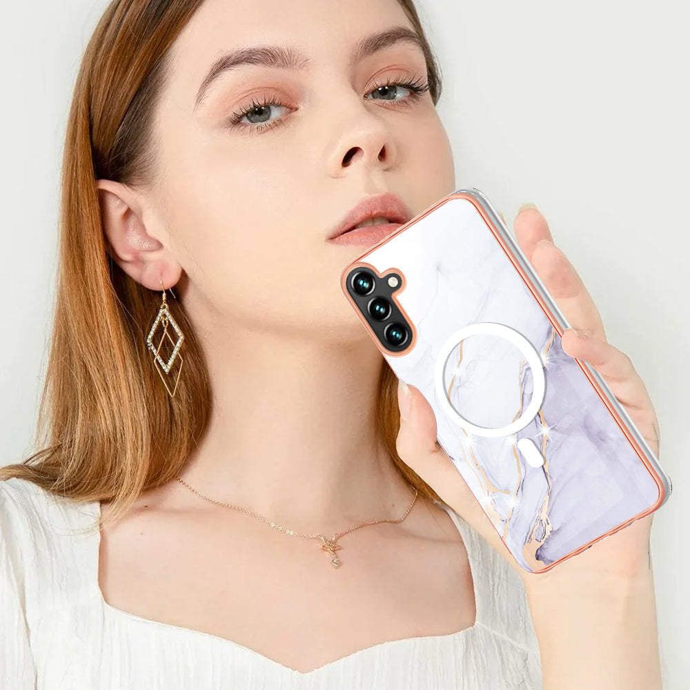 YB IMD Series-19 for Samsung Galaxy A34 5G 2.0mm TPU Electroplating Cover Magnetic IMD Pattern Phone Case - White