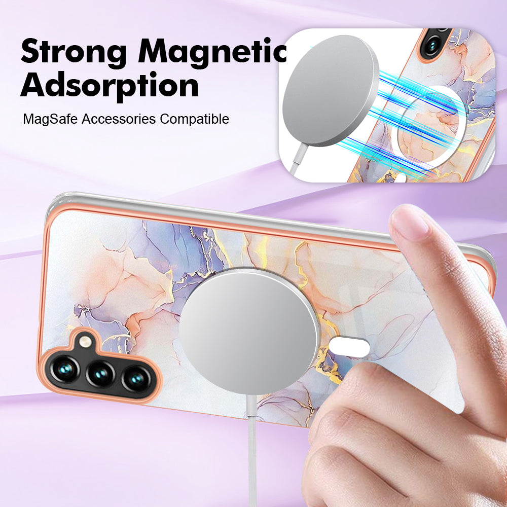 YB IMD Series-19 for Samsung Galaxy A54 5G Electroplated IMD Magnetic Phone Case 2.0mm TPU Anti-scratch Cover - Marble White