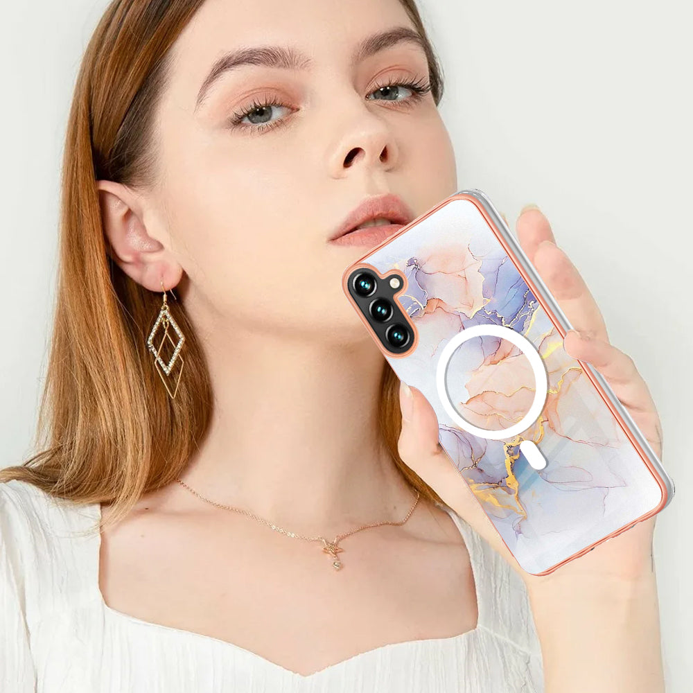 YB IMD Series-19 for Samsung Galaxy A54 5G Electroplated IMD Magnetic Phone Case 2.0mm TPU Anti-scratch Cover - Marble White