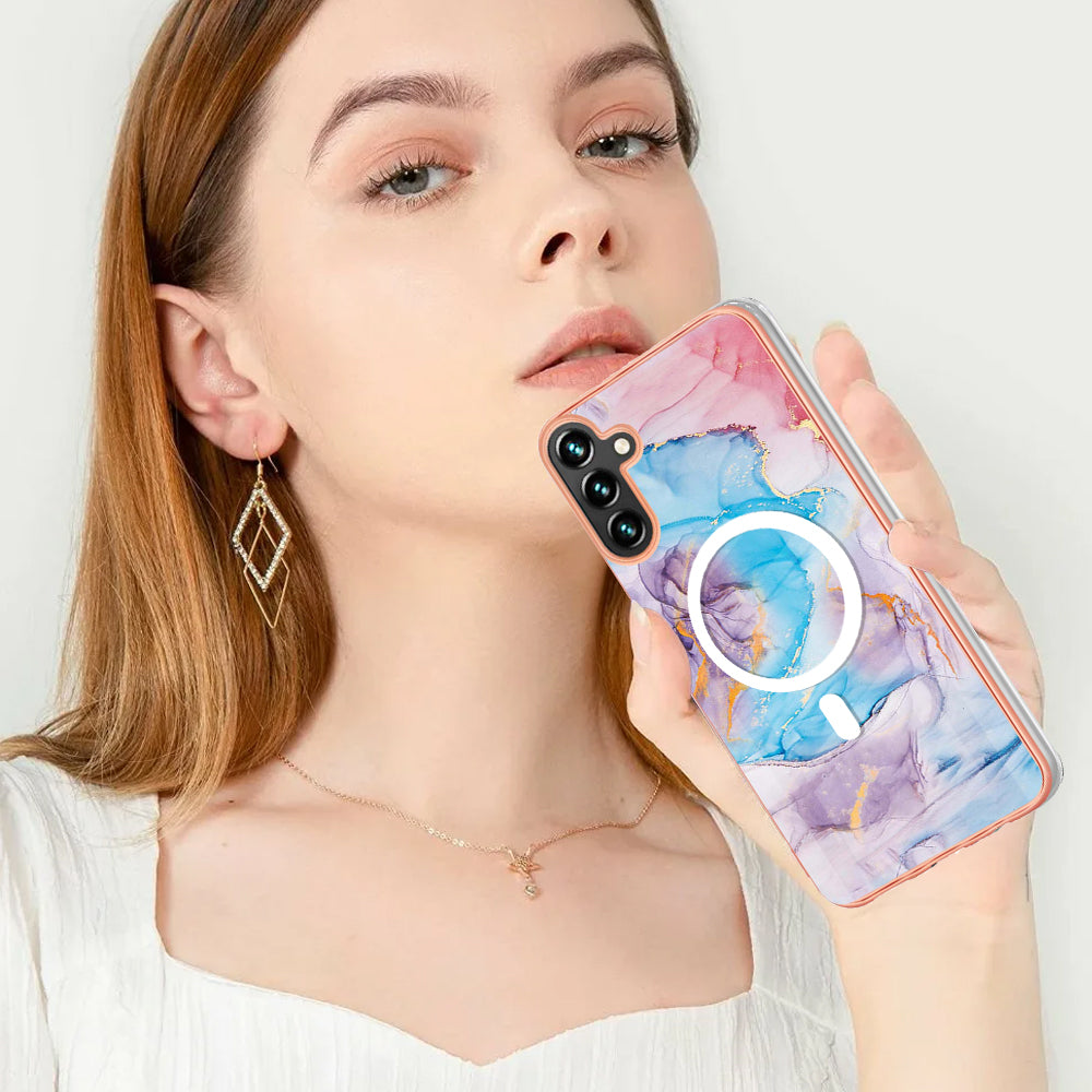 YB IMD Series-19 for Samsung Galaxy A54 5G Electroplated IMD Magnetic Phone Case 2.0mm TPU Anti-scratch Cover - Marble Blue