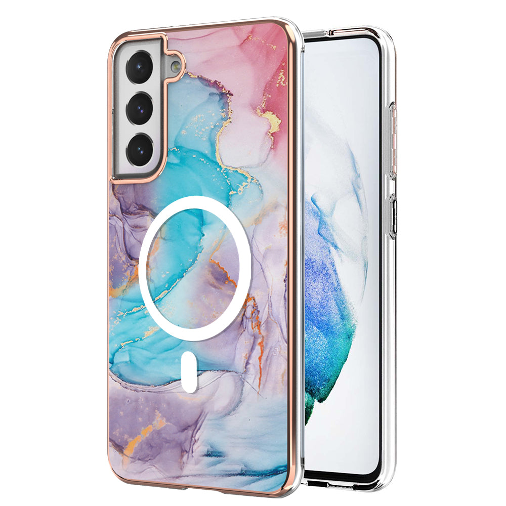 YB IMD Series-19 for Samsung Galaxy S21 FE 5G Magnetic Phone Case 2.0mm TPU Electroplating Pattern IMD Cover - Marble Blue