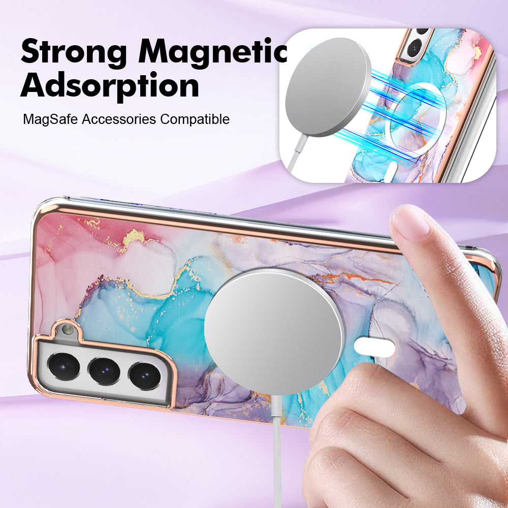 YB IMD Series-19 for Samsung Galaxy S21 FE 5G Magnetic Phone Case 2.0mm TPU Electroplating Pattern IMD Cover - Marble Blue