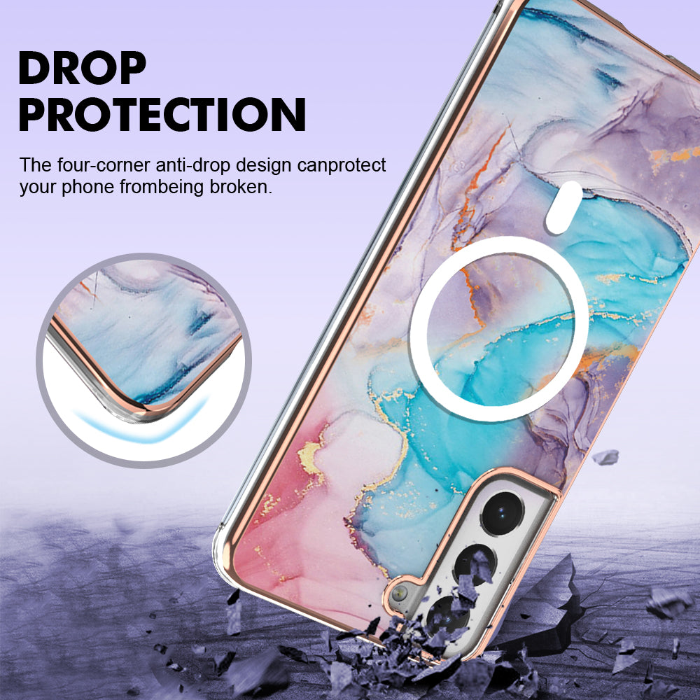 YB IMD Series-19 for Samsung Galaxy S21 FE 5G Magnetic Phone Case 2.0mm TPU Electroplating Pattern IMD Cover - Marble Blue