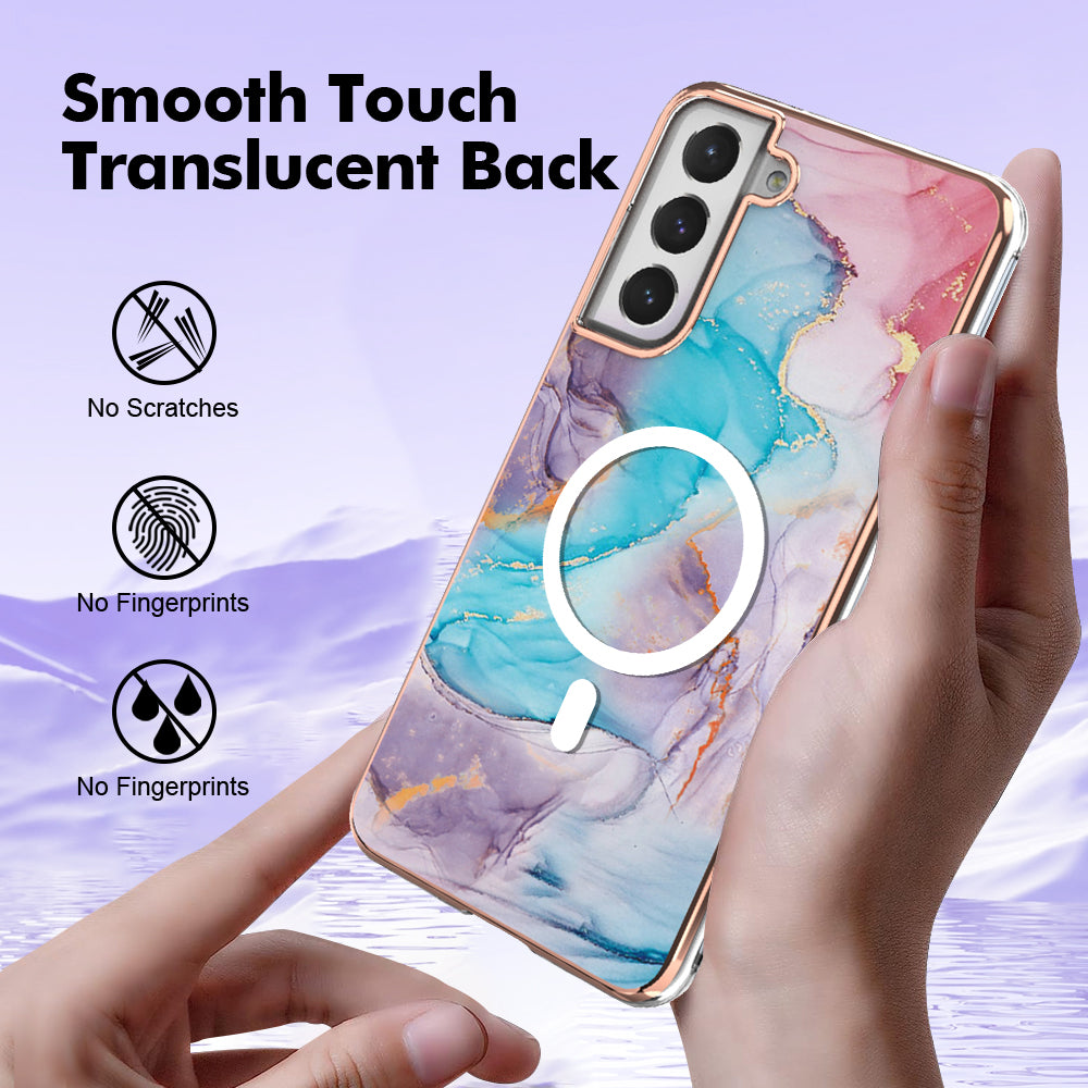 YB IMD Series-19 for Samsung Galaxy S21 FE 5G Magnetic Phone Case 2.0mm TPU Electroplating Pattern IMD Cover - Marble Blue