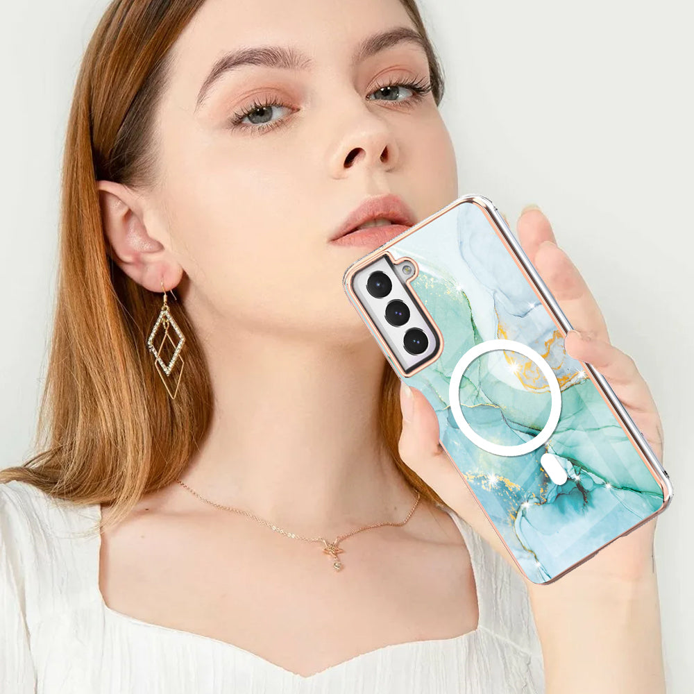 YB IMD Series-19 for Samsung Galaxy S21 FE 5G Magnetic Phone Case 2.0mm TPU Electroplating Pattern IMD Cover - Green
