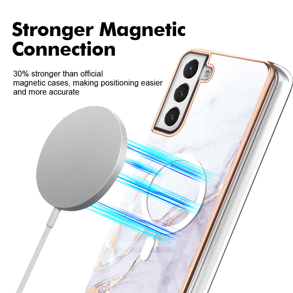 YB IMD Series-19 for Samsung Galaxy S21 FE 5G Magnetic Phone Case 2.0mm TPU Electroplating Pattern IMD Cover - White