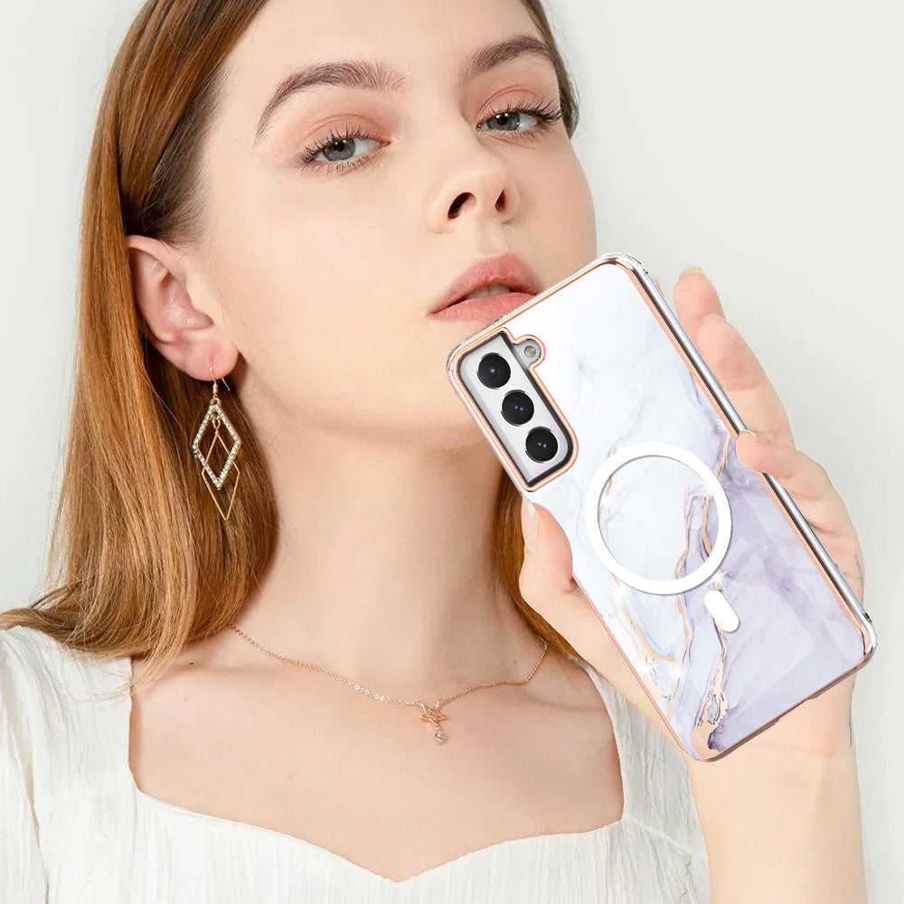 YB IMD Series-19 for Samsung Galaxy S21 FE 5G Magnetic Phone Case 2.0mm TPU Electroplating Pattern IMD Cover - White