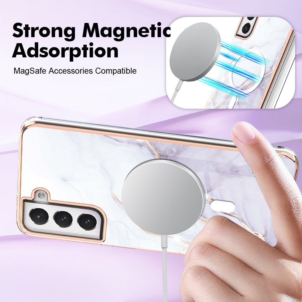 YB IMD Series-19 for Samsung Galaxy S21 FE 5G Magnetic Phone Case 2.0mm TPU Electroplating Pattern IMD Cover - White