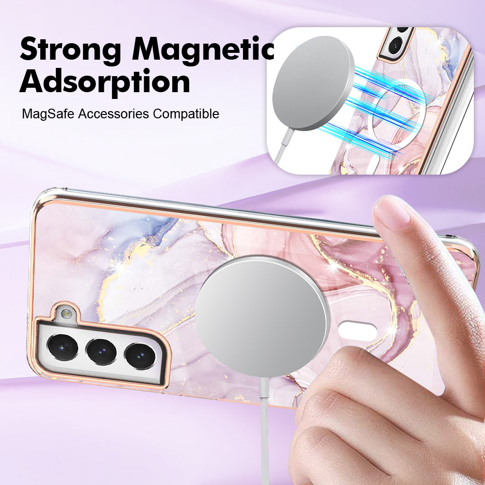 YB IMD Series-19 for Samsung Galaxy S21 FE 5G Magnetic Phone Case 2.0mm TPU Electroplating Pattern IMD Cover - Rose Gold
