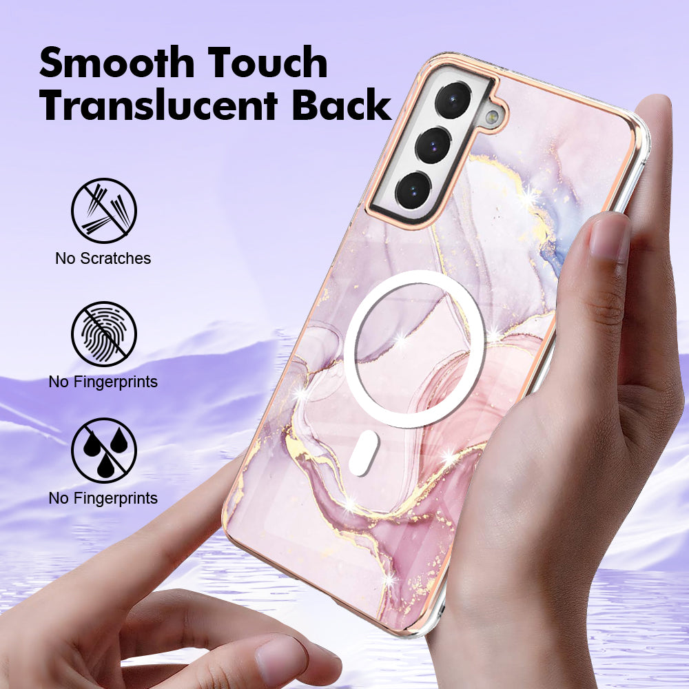 YB IMD Series-19 for Samsung Galaxy S21 FE 5G Magnetic Phone Case 2.0mm TPU Electroplating Pattern IMD Cover - Rose Gold