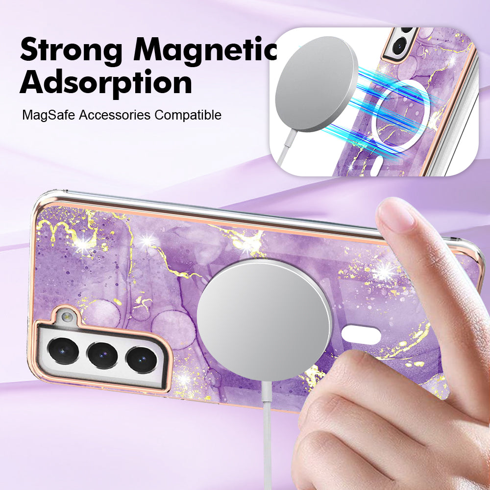 YB IMD Series-19 for Samsung Galaxy S21 FE 5G Magnetic Phone Case 2.0mm TPU Electroplating Pattern IMD Cover - Purple