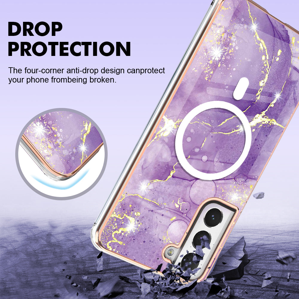 YB IMD Series-19 for Samsung Galaxy S21 FE 5G Magnetic Phone Case 2.0mm TPU Electroplating Pattern IMD Cover - Purple