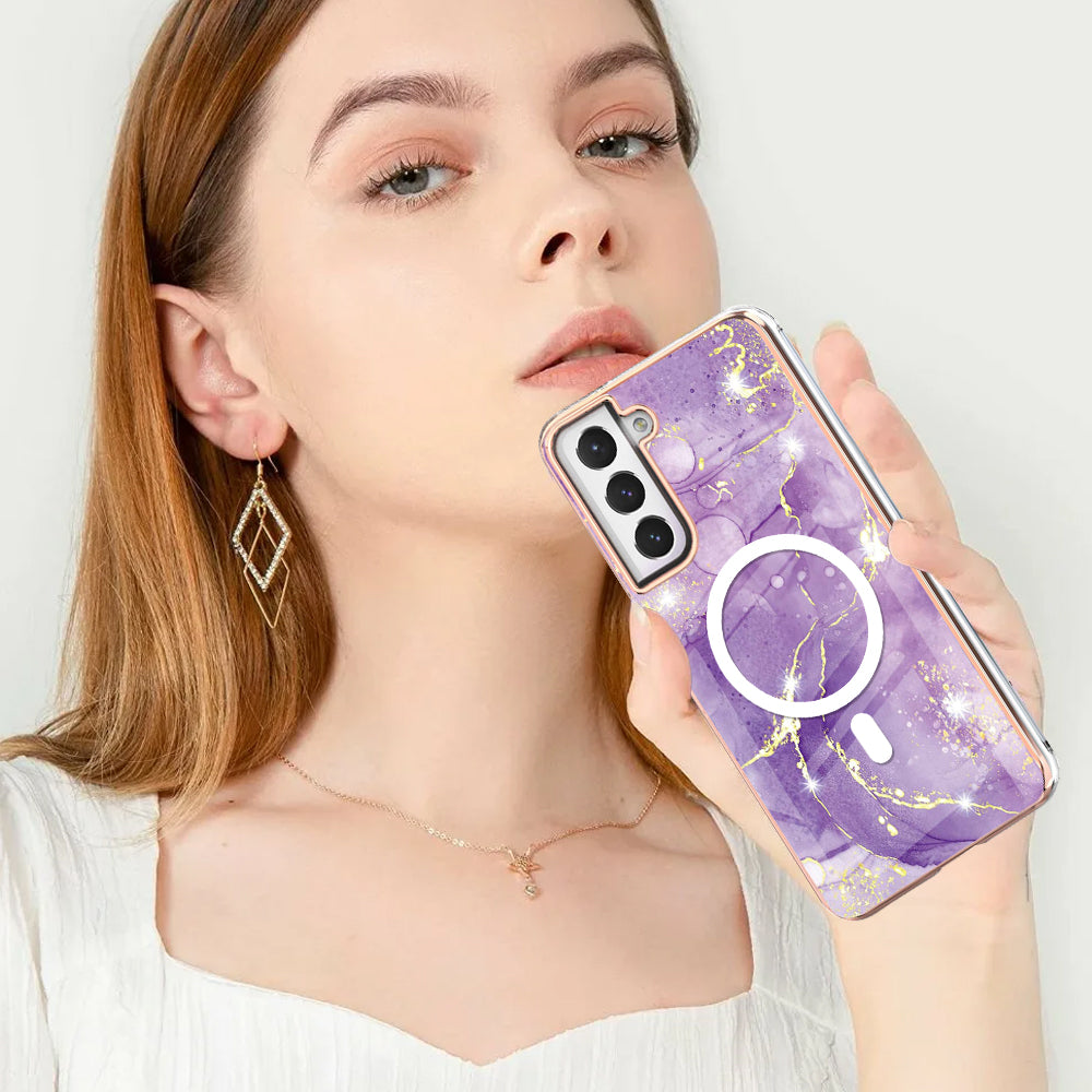 YB IMD Series-19 for Samsung Galaxy S21 FE 5G Magnetic Phone Case 2.0mm TPU Electroplating Pattern IMD Cover - Purple