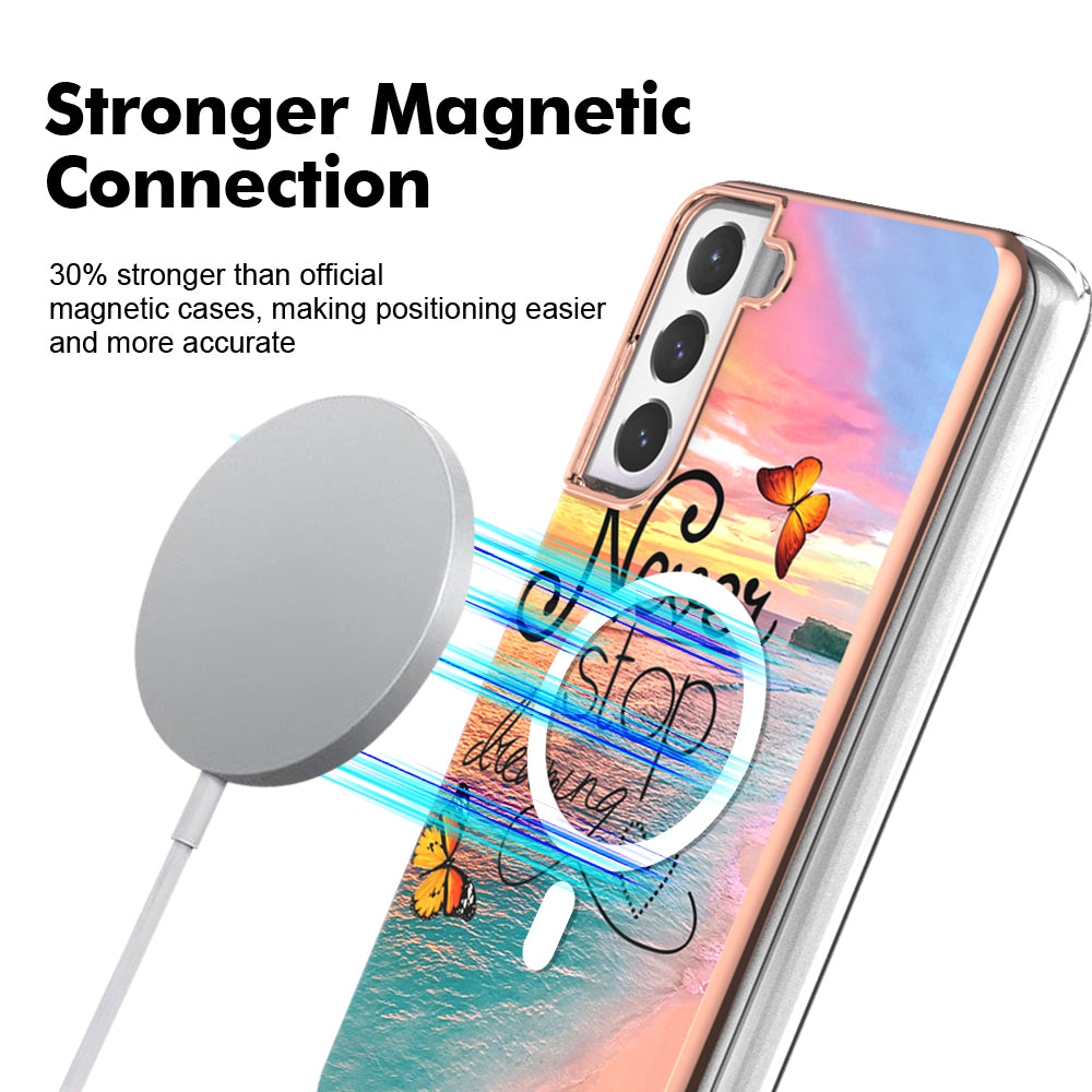 YB IMD Series-19 for Samsung Galaxy S21 FE 5G Magnetic Phone Case 2.0mm TPU Electroplating Pattern IMD Cover - Never Stop Dreaming