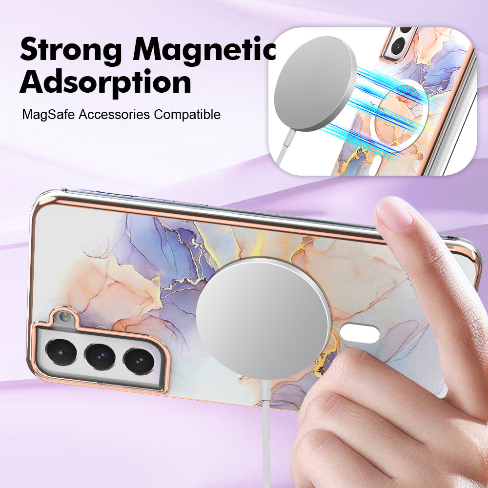 YB IMD Series-19 for Samsung Galaxy S21 FE 5G Magnetic Phone Case 2.0mm TPU Electroplating Pattern IMD Cover - Marble White