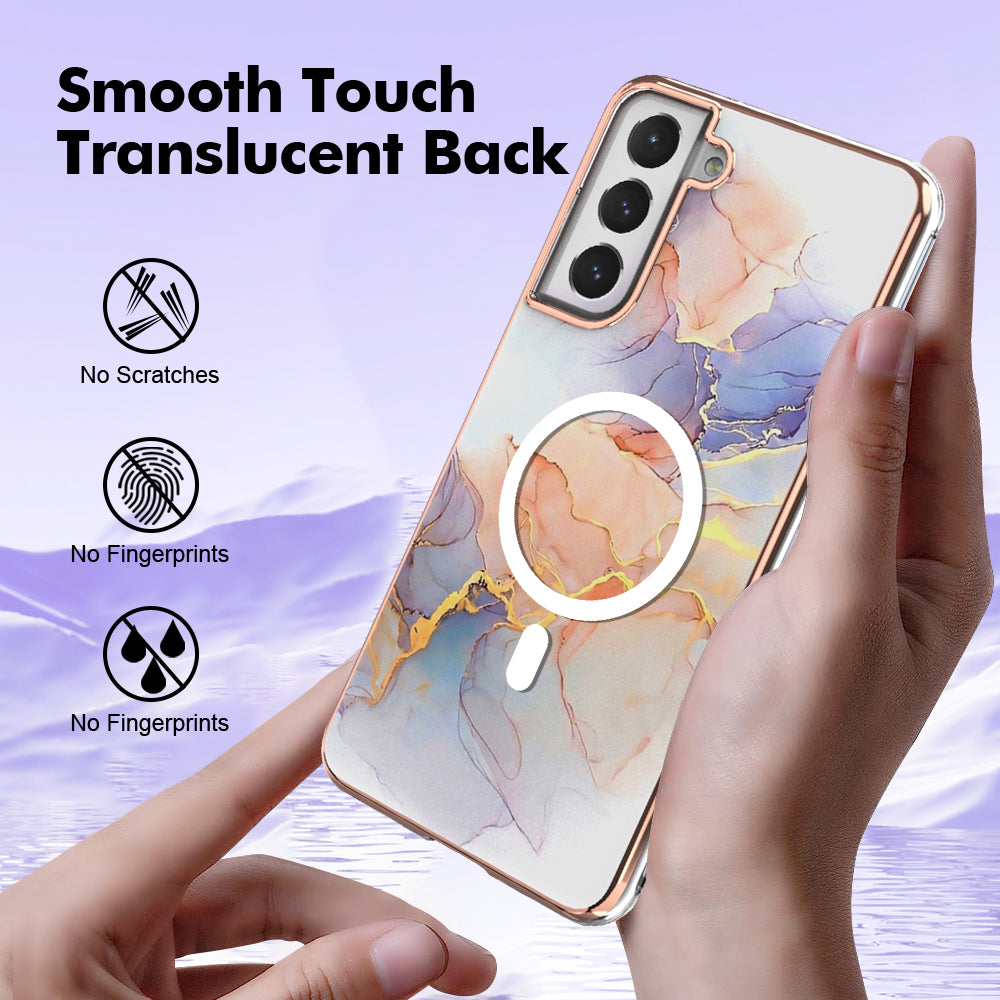 YB IMD Series-19 for Samsung Galaxy S21 FE 5G Magnetic Phone Case 2.0mm TPU Electroplating Pattern IMD Cover - Marble White