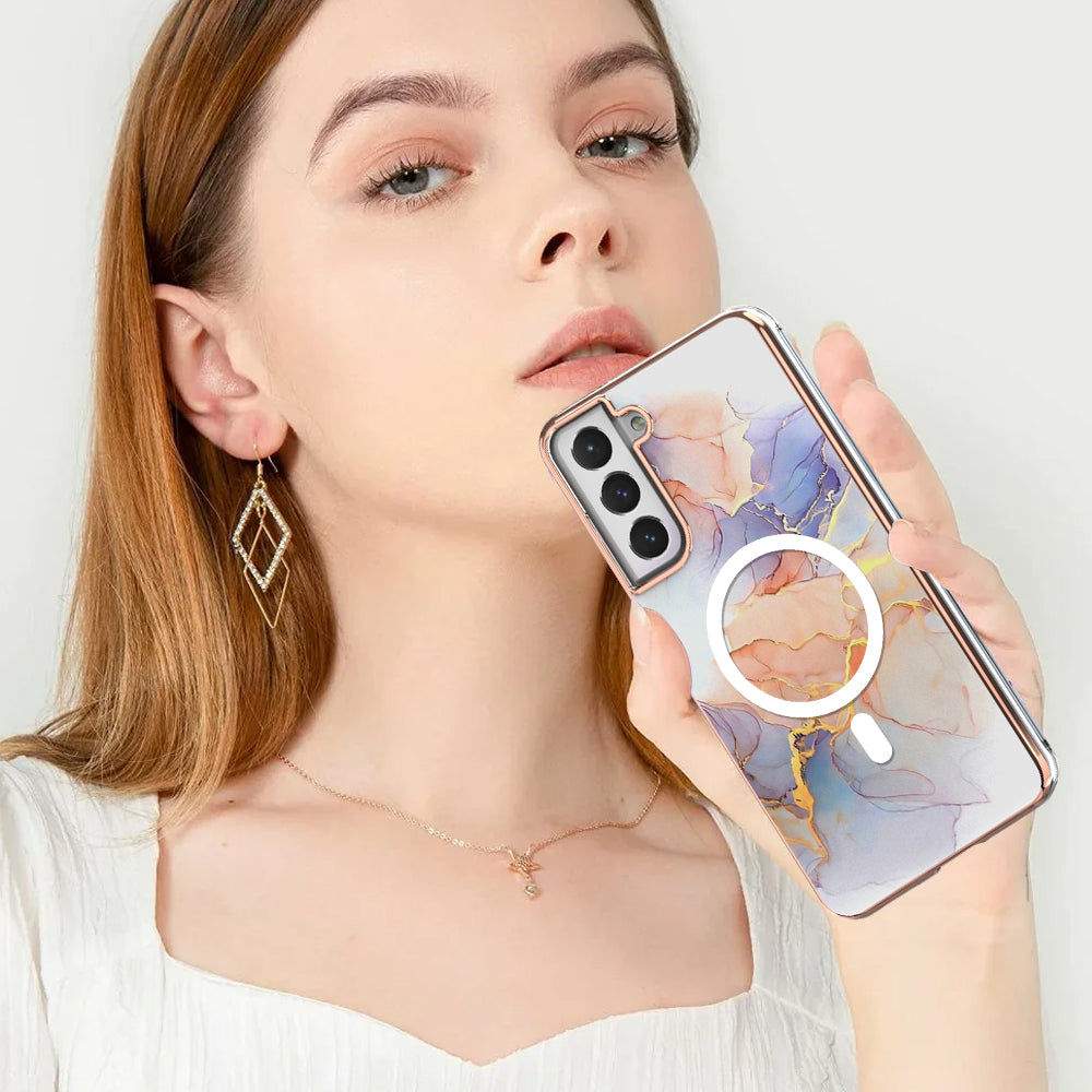 YB IMD Series-19 for Samsung Galaxy S21 FE 5G Magnetic Phone Case 2.0mm TPU Electroplating Pattern IMD Cover - Marble White