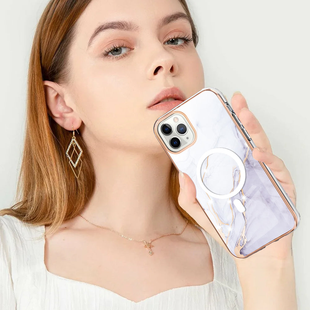 YB IMD Series-19 for iPhone 12 / 12 Pro Magnetic Case Compatible with Magsafe 2.0mm TPU Pattern Electroplating Phone Cover - White