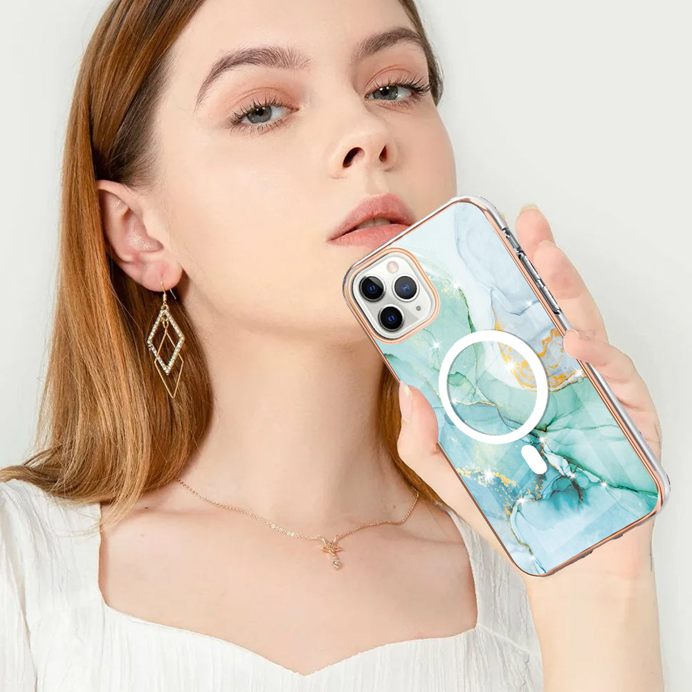 YB IMD Series-19 for iPhone 12 / 12 Pro Magnetic Case Compatible with Magsafe 2.0mm TPU Pattern Electroplating Phone Cover - Green