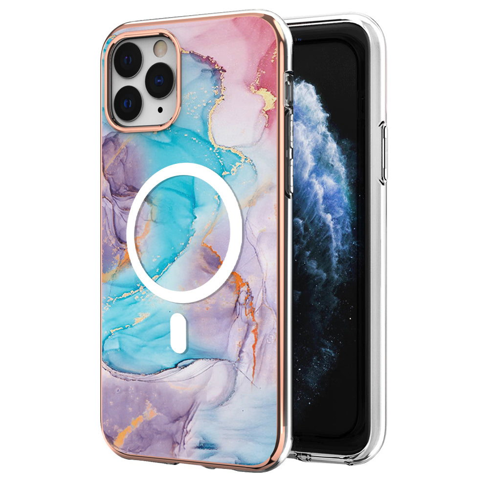 YB IMD Series-19 for iPhone 12 / 12 Pro Magnetic Case Compatible with Magsafe 2.0mm TPU Pattern Electroplating Phone Cover - Marble Blue