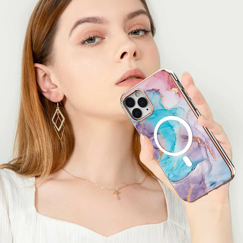 YB IMD Series-19 for iPhone 12 / 12 Pro Magnetic Case Compatible with Magsafe 2.0mm TPU Pattern Electroplating Phone Cover - Marble Blue