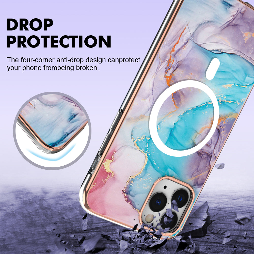 YB IMD Series-19 for iPhone 12 / 12 Pro Magnetic Case Compatible with Magsafe 2.0mm TPU Pattern Electroplating Phone Cover - Marble Blue