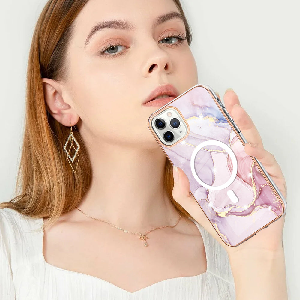 YB IMD Series-19 for iPhone 11 Pro IMD Pattern Magnetic Case TPU 2.0mm Phone Cover Compatible with MagSafe - Rose Gold