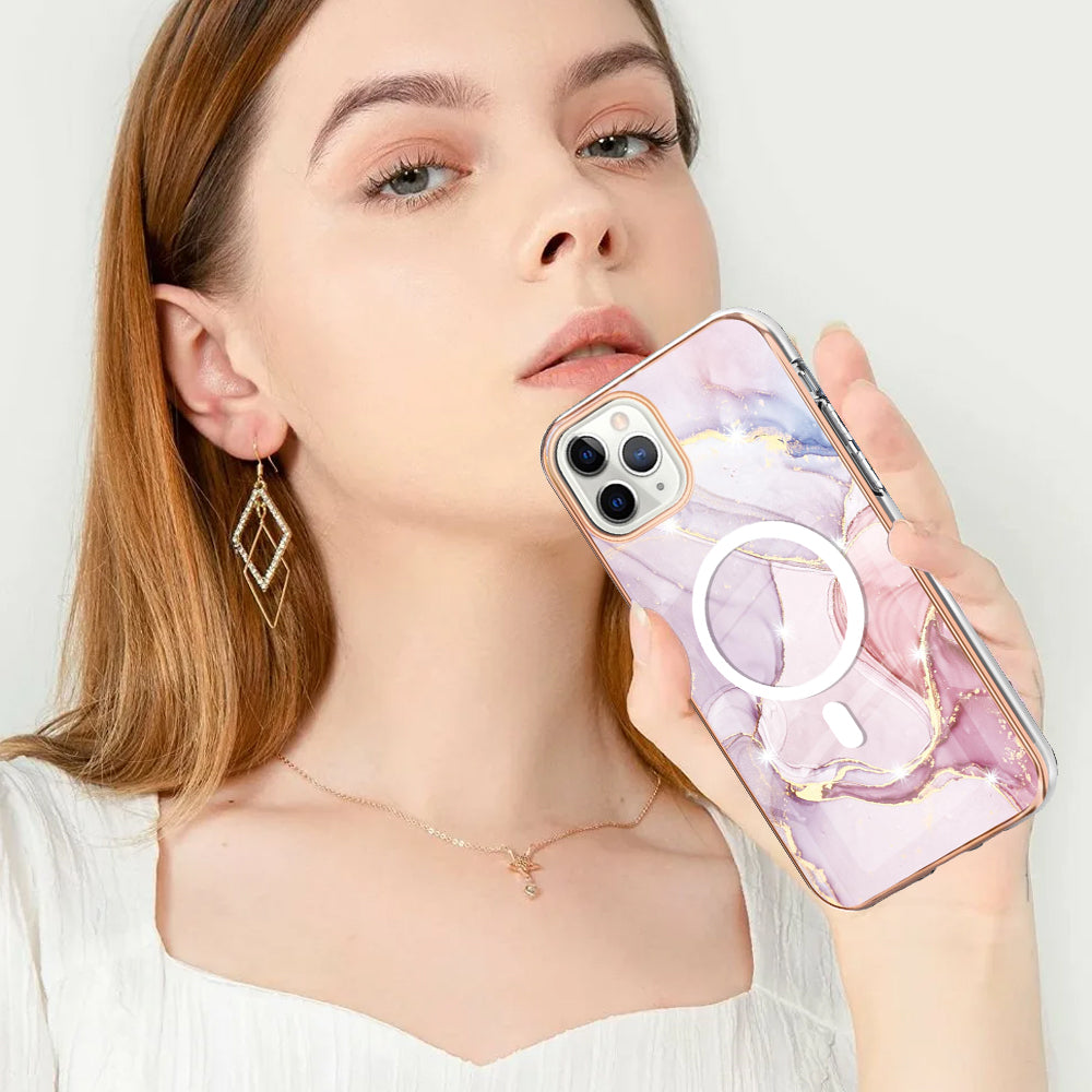 YB IMD Series-19 for iPhone 11 Pro Max TPU Electroplated Cover 2.0mm IMD Pattern Phone Case Compatible with MagSafe - Rose Gold