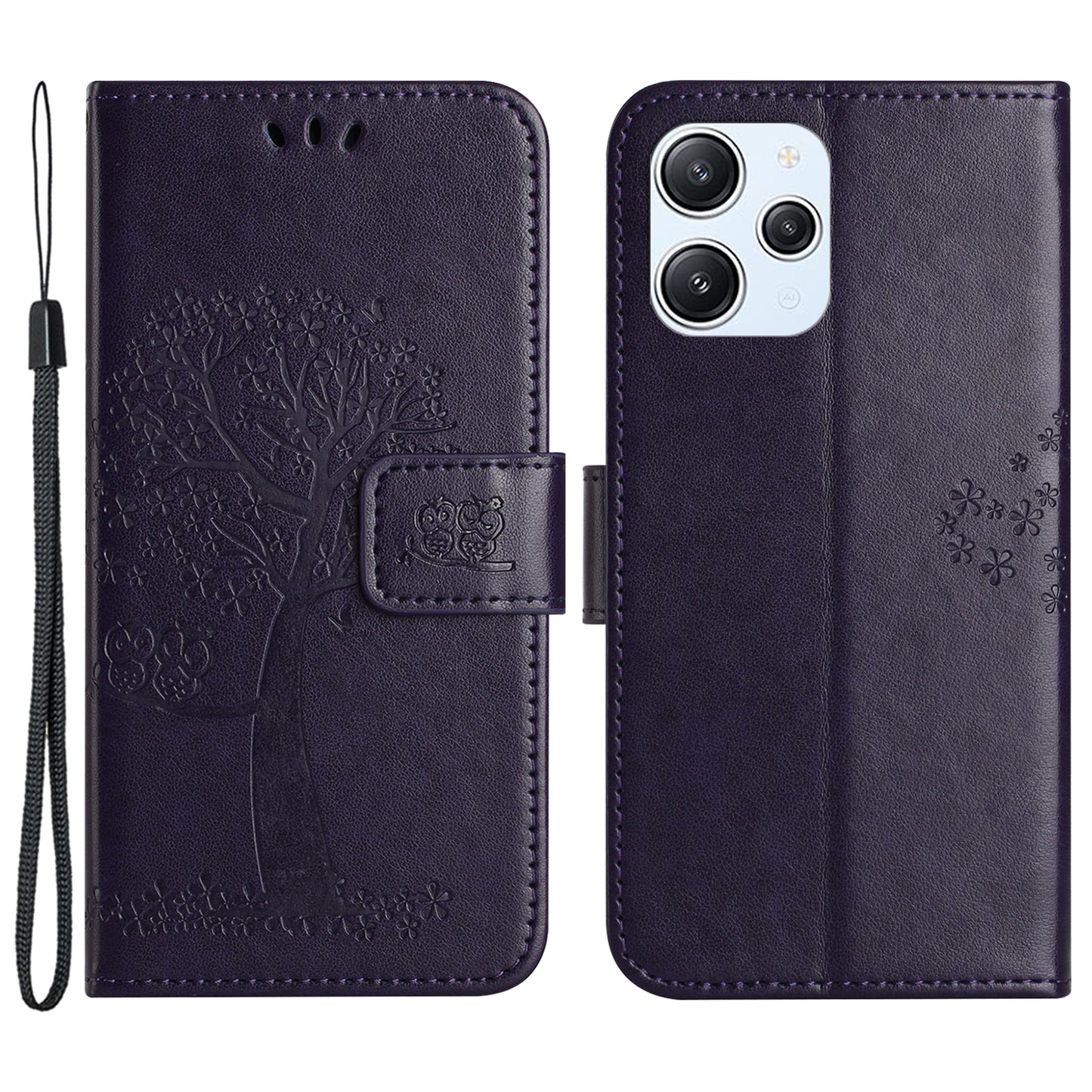 Uniqkart for Xiaomi Redmi 12 4G Owl Tree Imprinted Wallet Case PU Leather Stand Phone Cover - Dark Purple