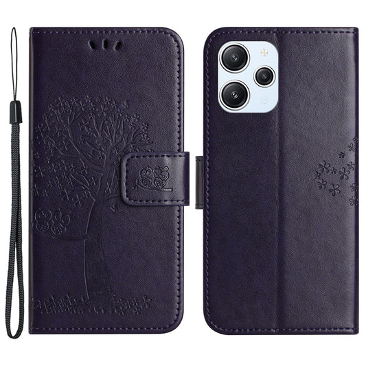 Uniqkart for Xiaomi Redmi 12 4G Owl Tree Imprinted Wallet Case PU Leather Stand Phone Cover - Dark Purple