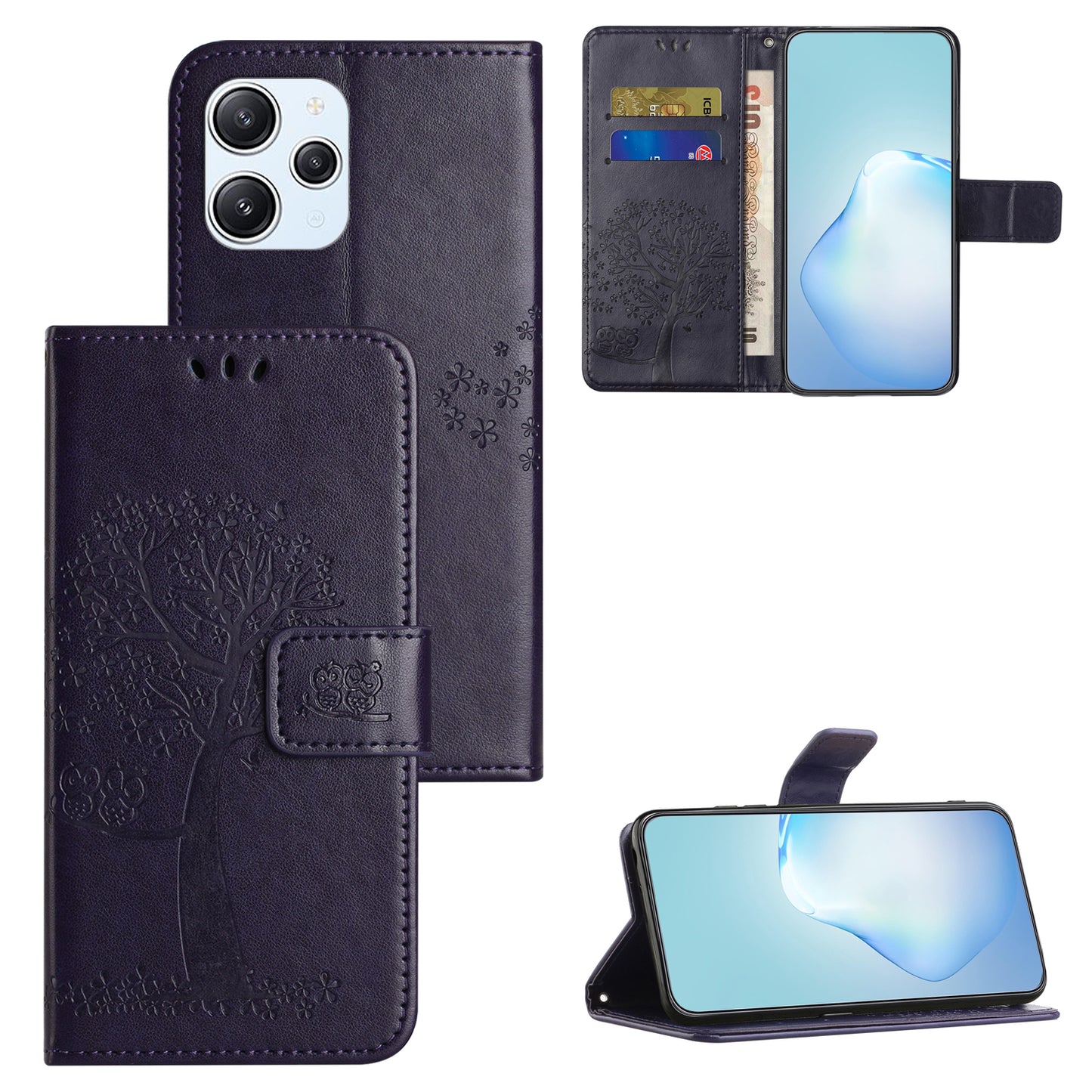 Uniqkart for Xiaomi Redmi 12 4G Owl Tree Imprinted Wallet Case PU Leather Stand Phone Cover - Dark Purple