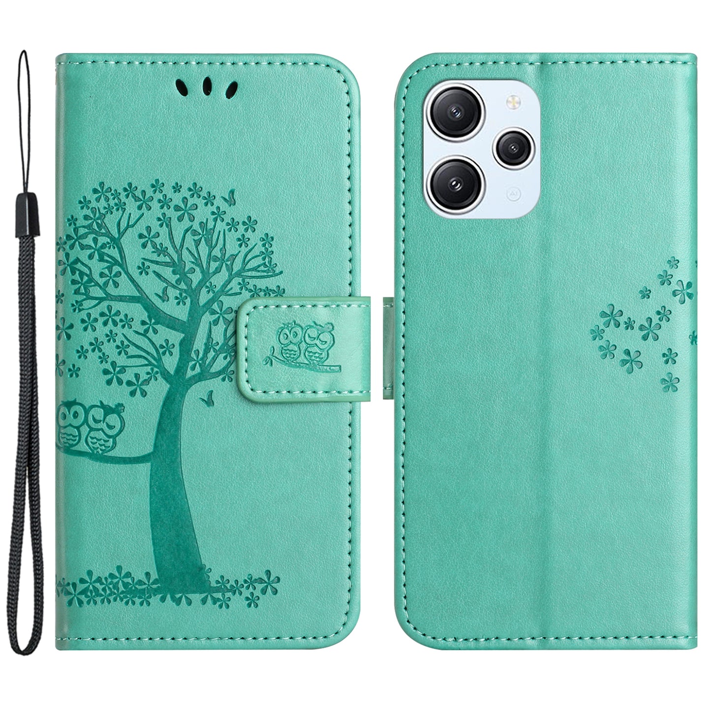 Uniqkart for Xiaomi Redmi 12 4G Owl Tree Imprinted Wallet Case PU Leather Stand Phone Cover - Cyan