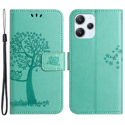 Uniqkart for Xiaomi Redmi 12 4G Owl Tree Imprinted Wallet Case PU Leather Stand Phone Cover - Cyan
