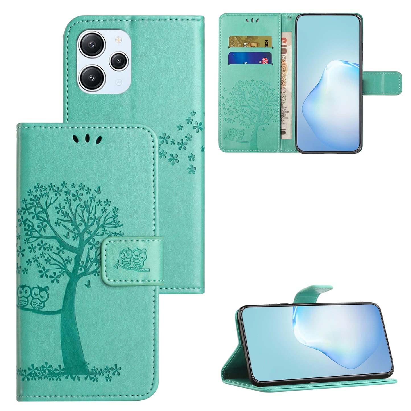 Uniqkart for Xiaomi Redmi 12 4G Owl Tree Imprinted Wallet Case PU Leather Stand Phone Cover - Cyan