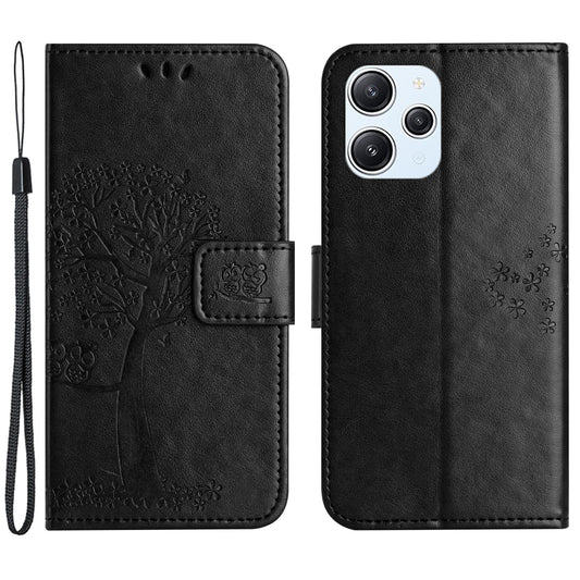 Uniqkart for Xiaomi Redmi 12 4G Owl Tree Imprinted Wallet Case PU Leather Stand Phone Cover - Black