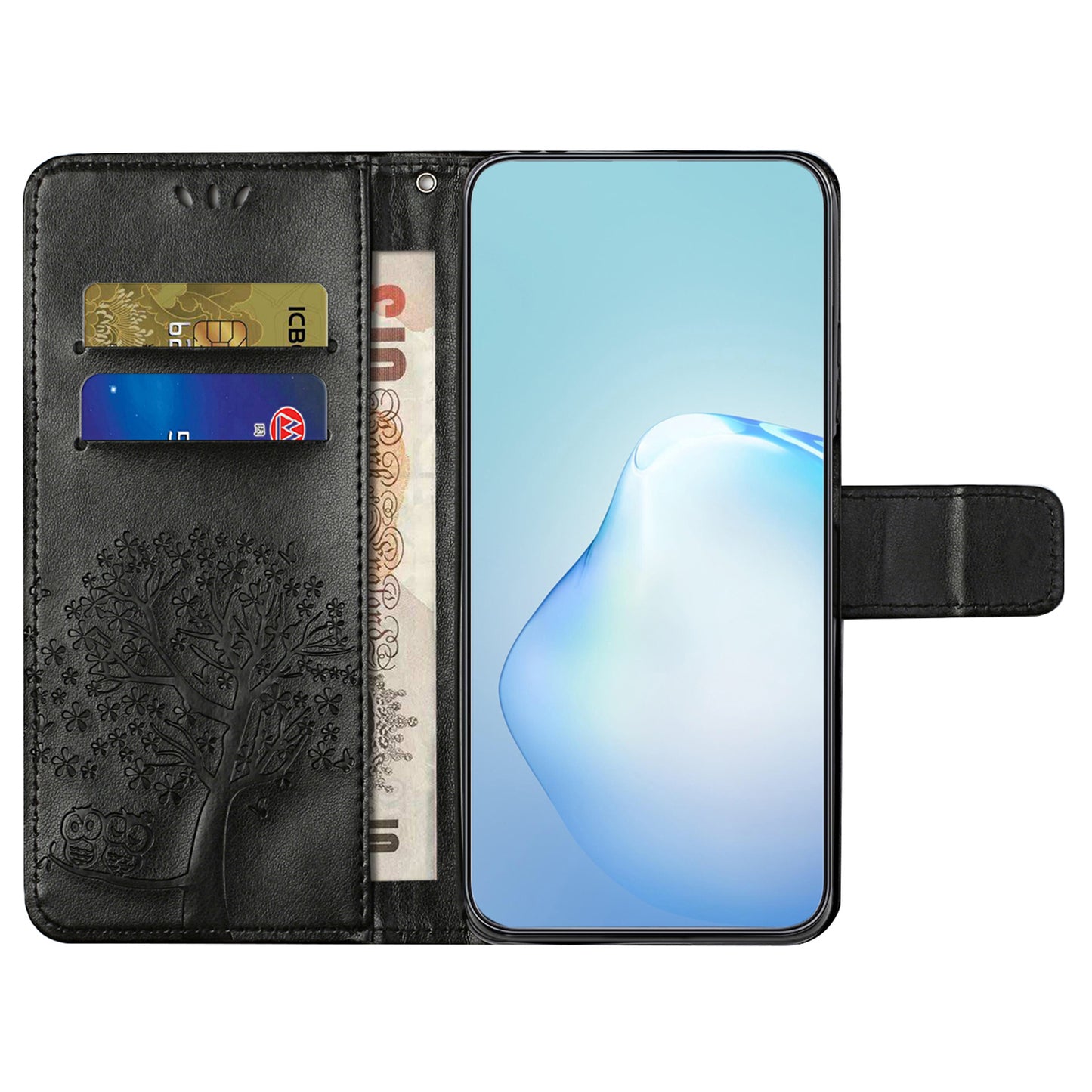 Uniqkart for Xiaomi Redmi 12 4G Owl Tree Imprinted Wallet Case PU Leather Stand Phone Cover - Black