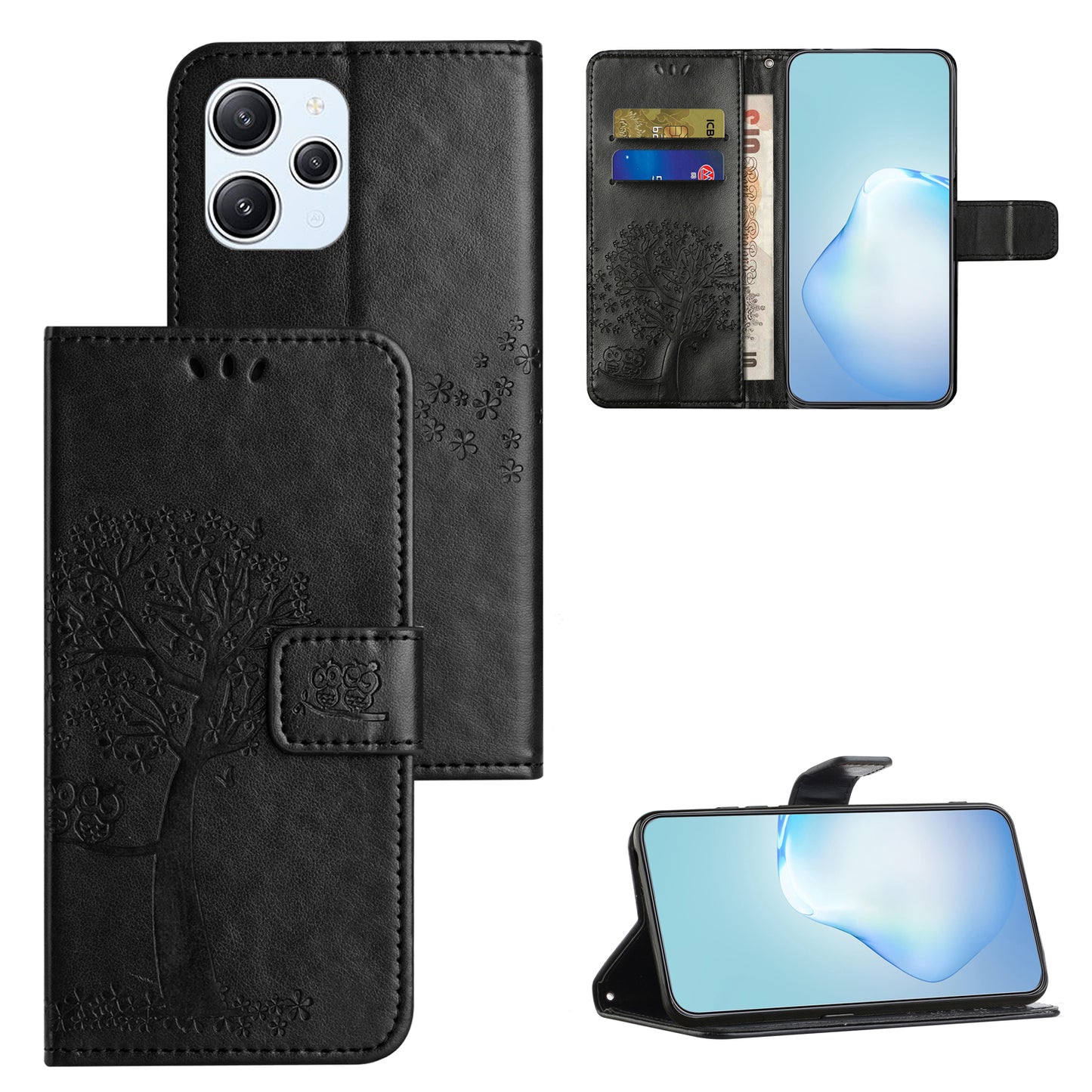 Uniqkart for Xiaomi Redmi 12 4G Owl Tree Imprinted Wallet Case PU Leather Stand Phone Cover - Black