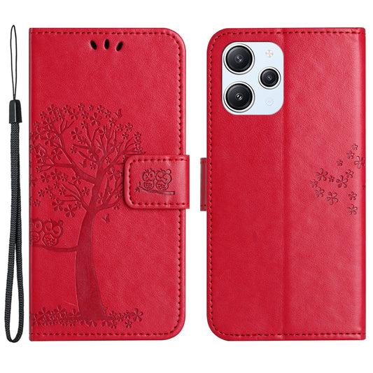 Uniqkart for Xiaomi Redmi 12 4G Owl Tree Imprinted Wallet Case PU Leather Stand Phone Cover - Red