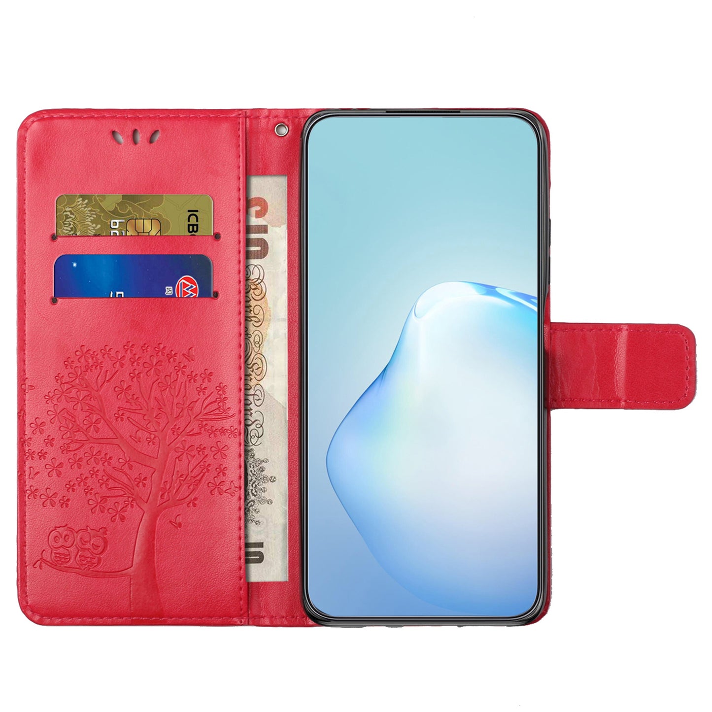 Uniqkart for Xiaomi Redmi 12 4G Owl Tree Imprinted Wallet Case PU Leather Stand Phone Cover - Red