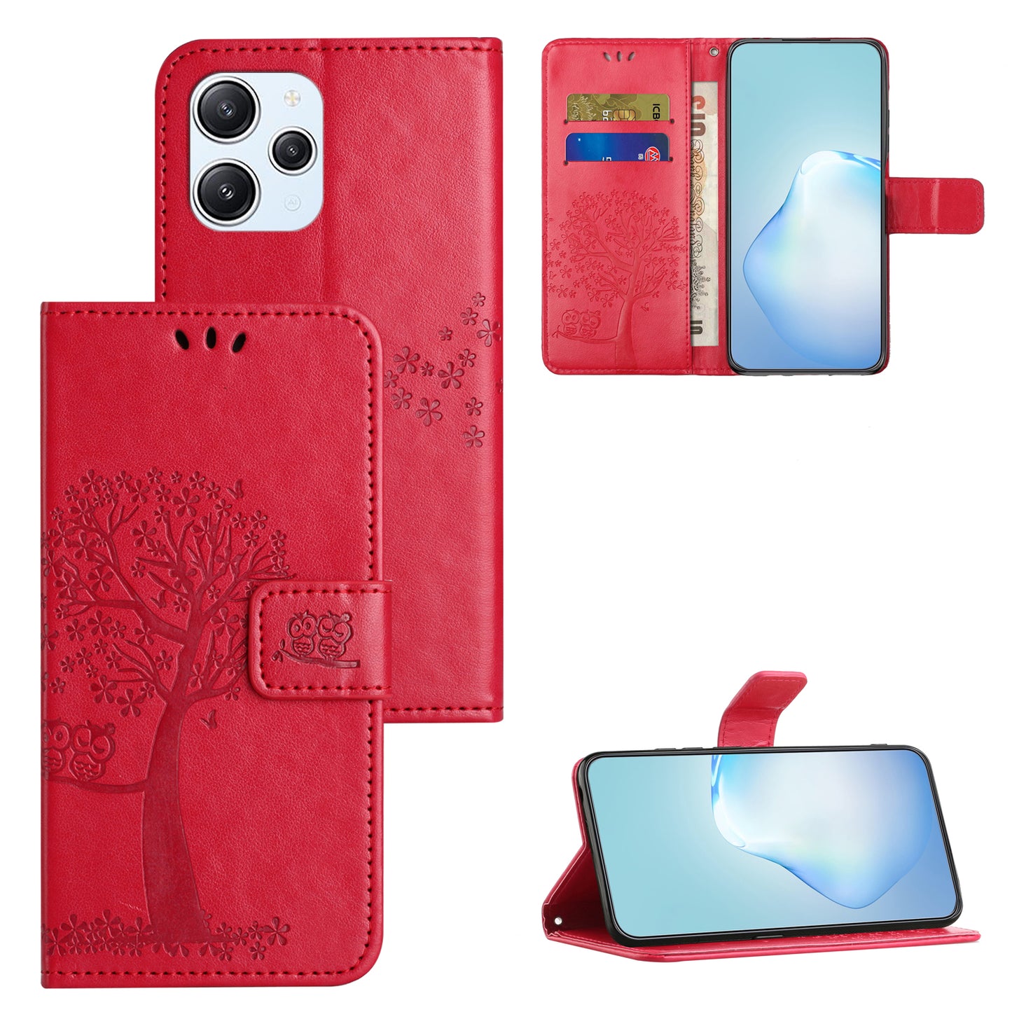 Uniqkart for Xiaomi Redmi 12 4G Owl Tree Imprinted Wallet Case PU Leather Stand Phone Cover - Red