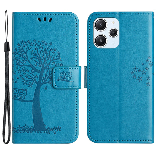 Uniqkart for Xiaomi Redmi 12 4G Owl Tree Imprinted Wallet Case PU Leather Stand Phone Cover - Blue