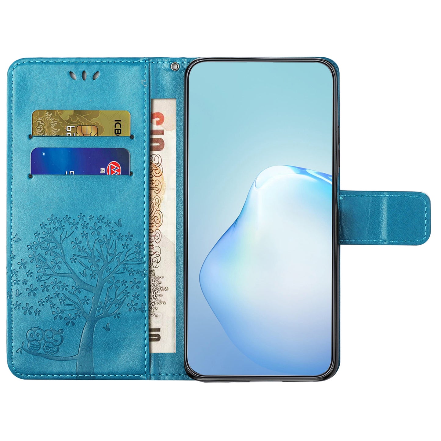 Uniqkart for Xiaomi Redmi 12 4G Owl Tree Imprinted Wallet Case PU Leather Stand Phone Cover - Blue