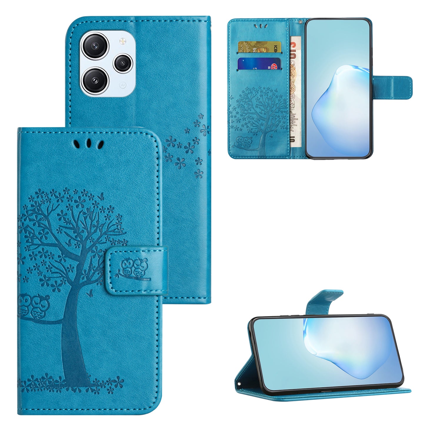Uniqkart for Xiaomi Redmi 12 4G Owl Tree Imprinted Wallet Case PU Leather Stand Phone Cover - Blue