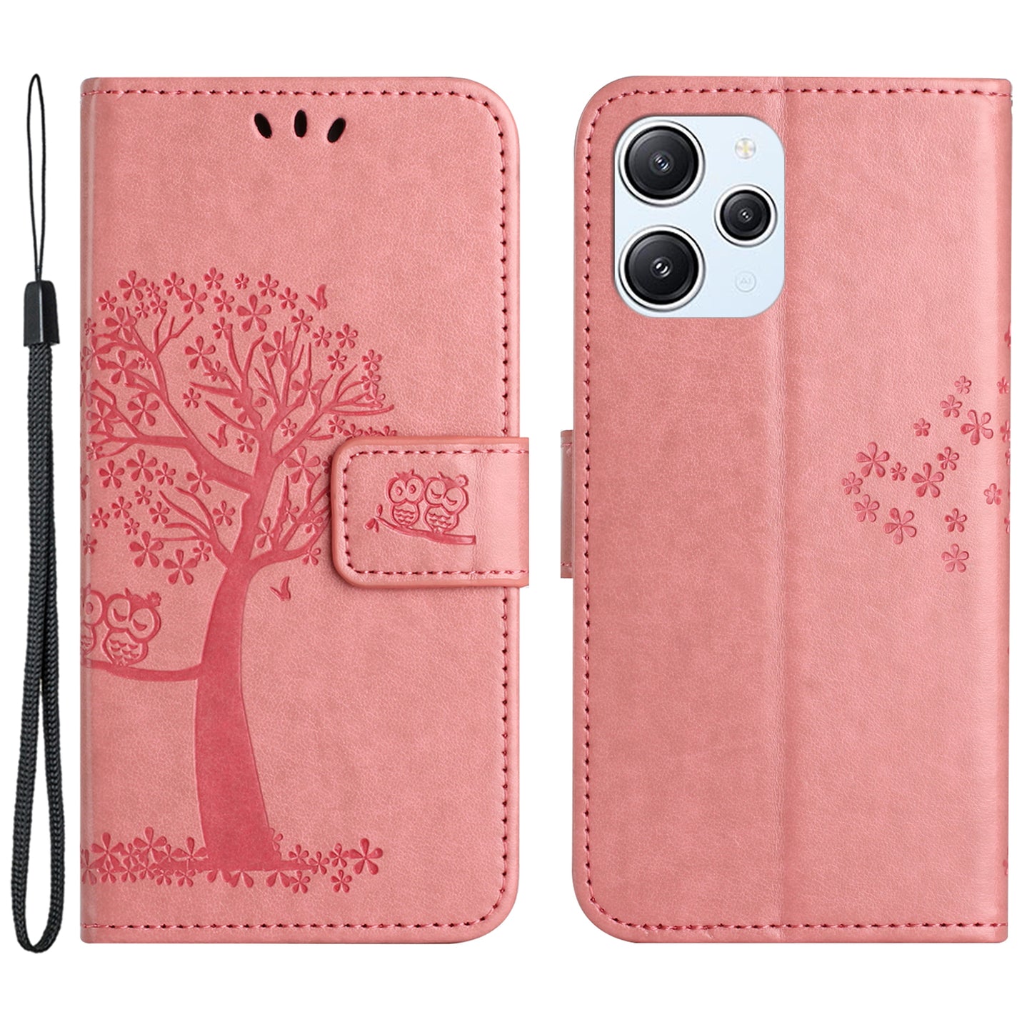 Uniqkart for Xiaomi Redmi 12 4G Owl Tree Imprinted Wallet Case PU Leather Stand Phone Cover - Pink
