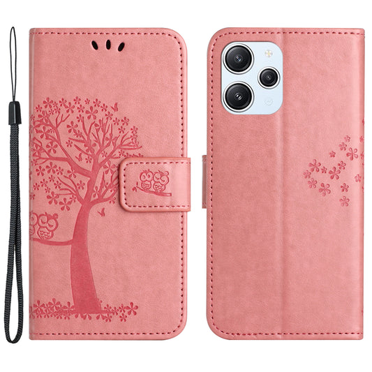 Uniqkart for Xiaomi Redmi 12 4G Owl Tree Imprinted Wallet Case PU Leather Stand Phone Cover - Pink