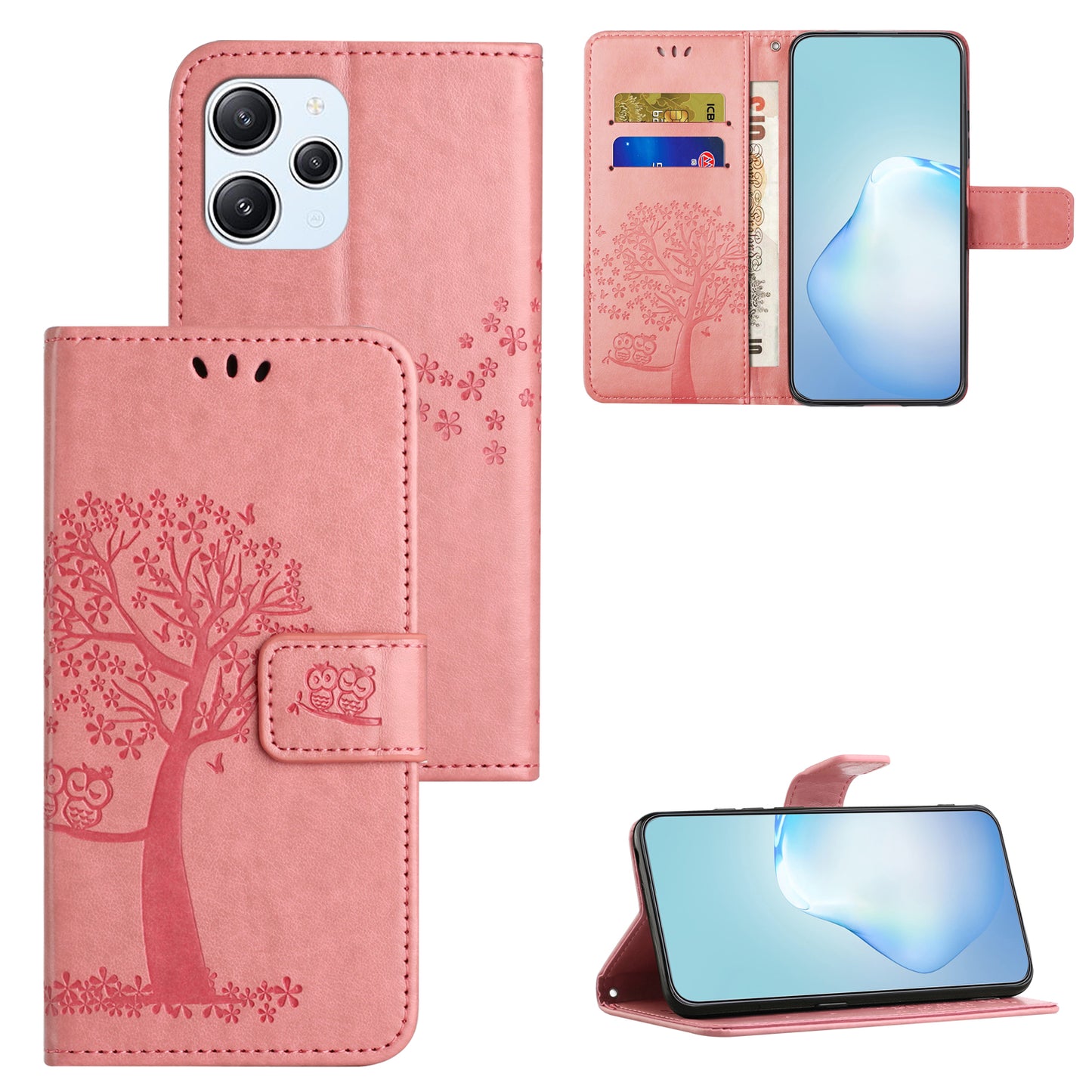 Uniqkart for Xiaomi Redmi 12 4G Owl Tree Imprinted Wallet Case PU Leather Stand Phone Cover - Pink