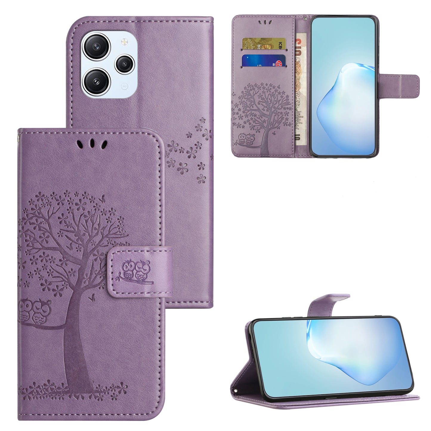 Uniqkart for Xiaomi Redmi 12 4G Owl Tree Imprinted Wallet Case PU Leather Stand Phone Cover - Purple