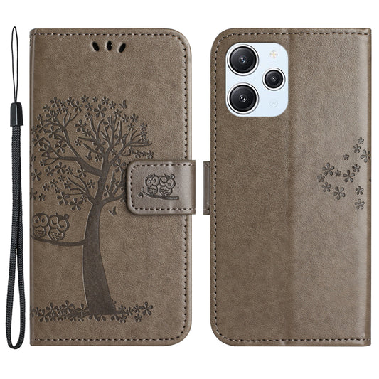 Uniqkart for Xiaomi Redmi 12 4G Owl Tree Imprinted Wallet Case PU Leather Stand Phone Cover - Grey