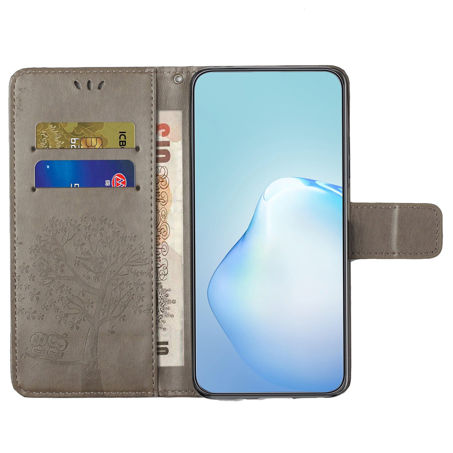 Uniqkart for Xiaomi Redmi 12 4G Owl Tree Imprinted Wallet Case PU Leather Stand Phone Cover - Grey